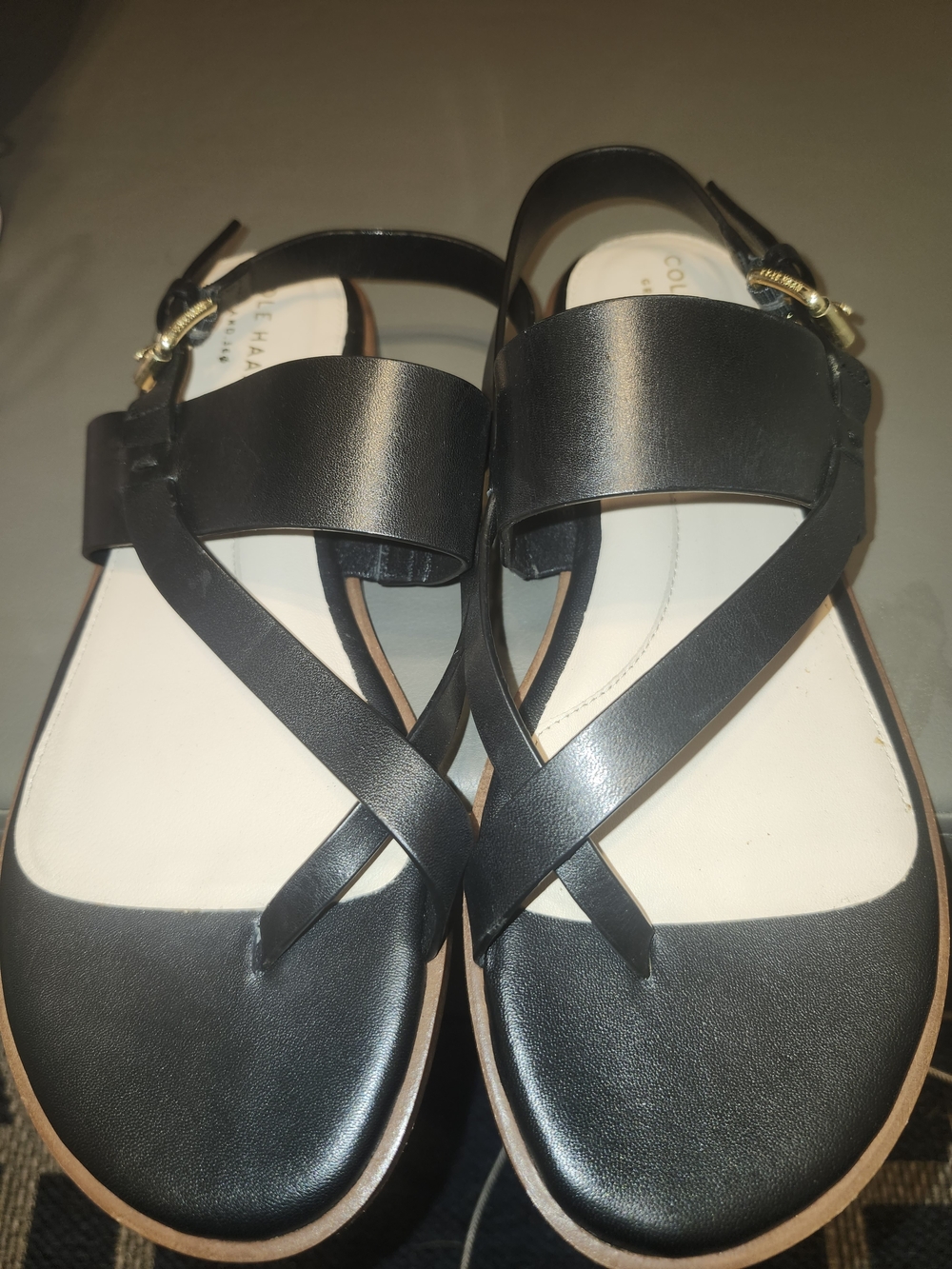 Cole Haan Black Leather Cross-Strap Sandals with Gold Buckle